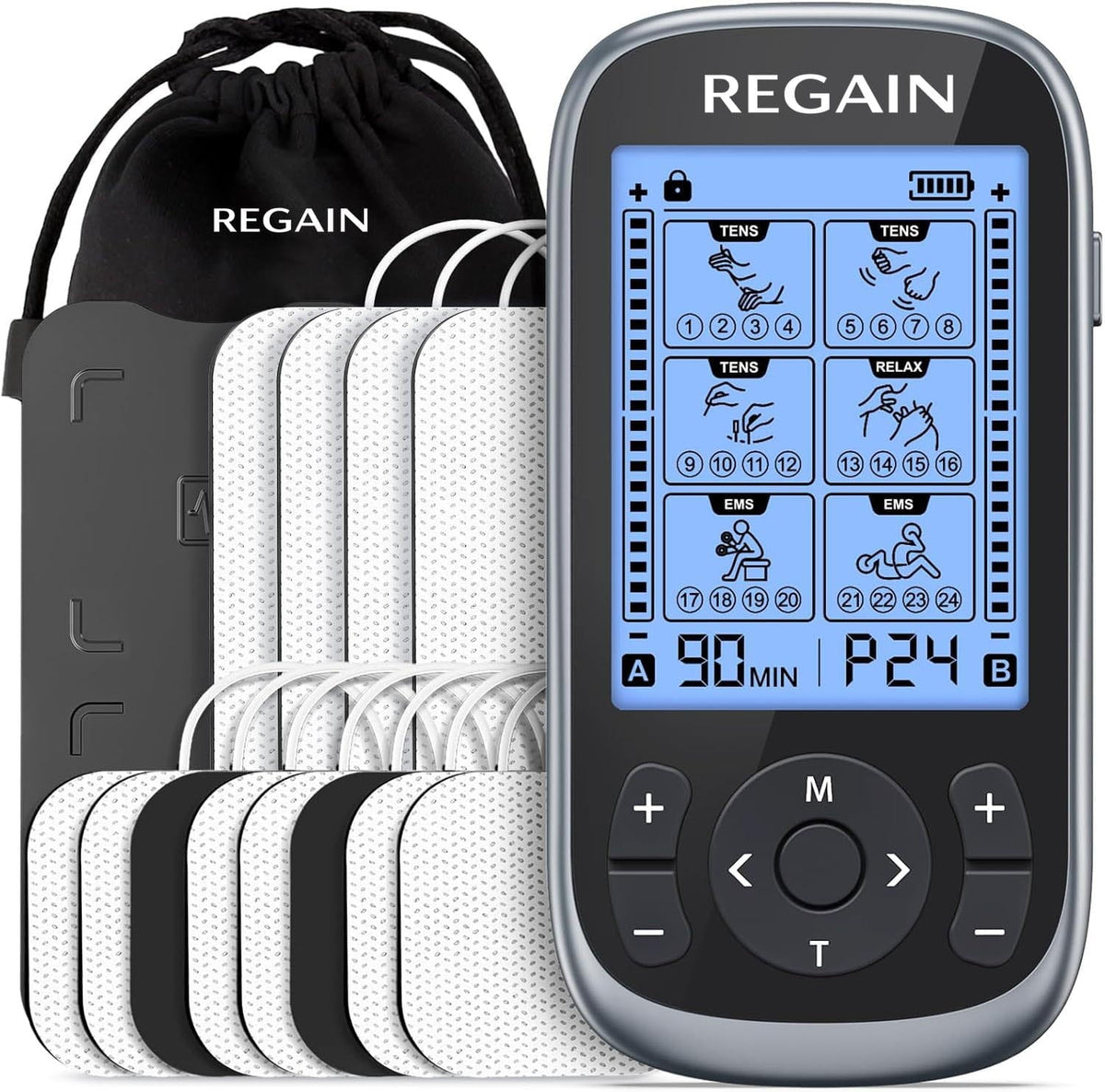 Regain EMS stimulator with electrode pads and storage bag