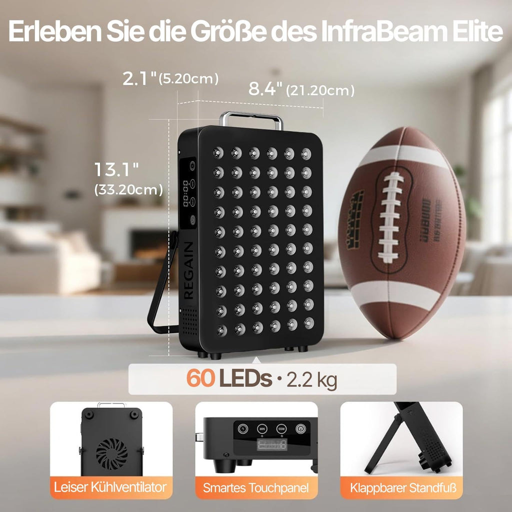 REGAIN InfraBeam Elite red light therapy panel with dimensions, 60 LEDs, fan and folding stand