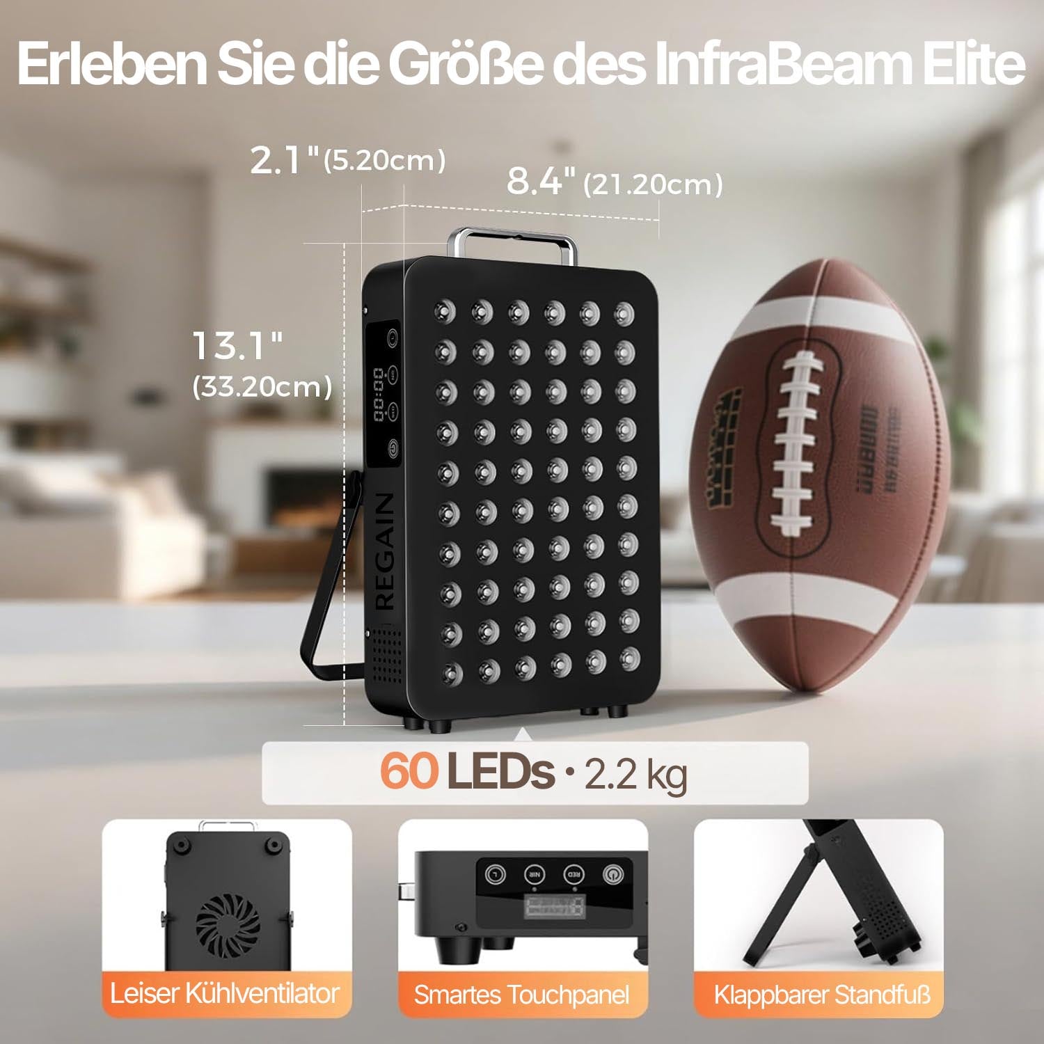 REGAIN InfraBeam Elite red light therapy panel with dimensions, 60 LEDs, fan and folding stand