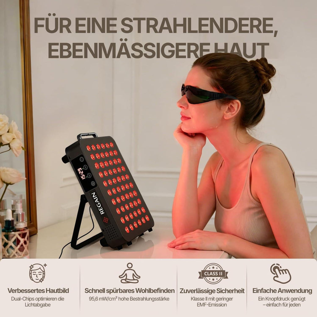 Woman wearing safety glasses using the REGAIN panel for a red light facial treatment