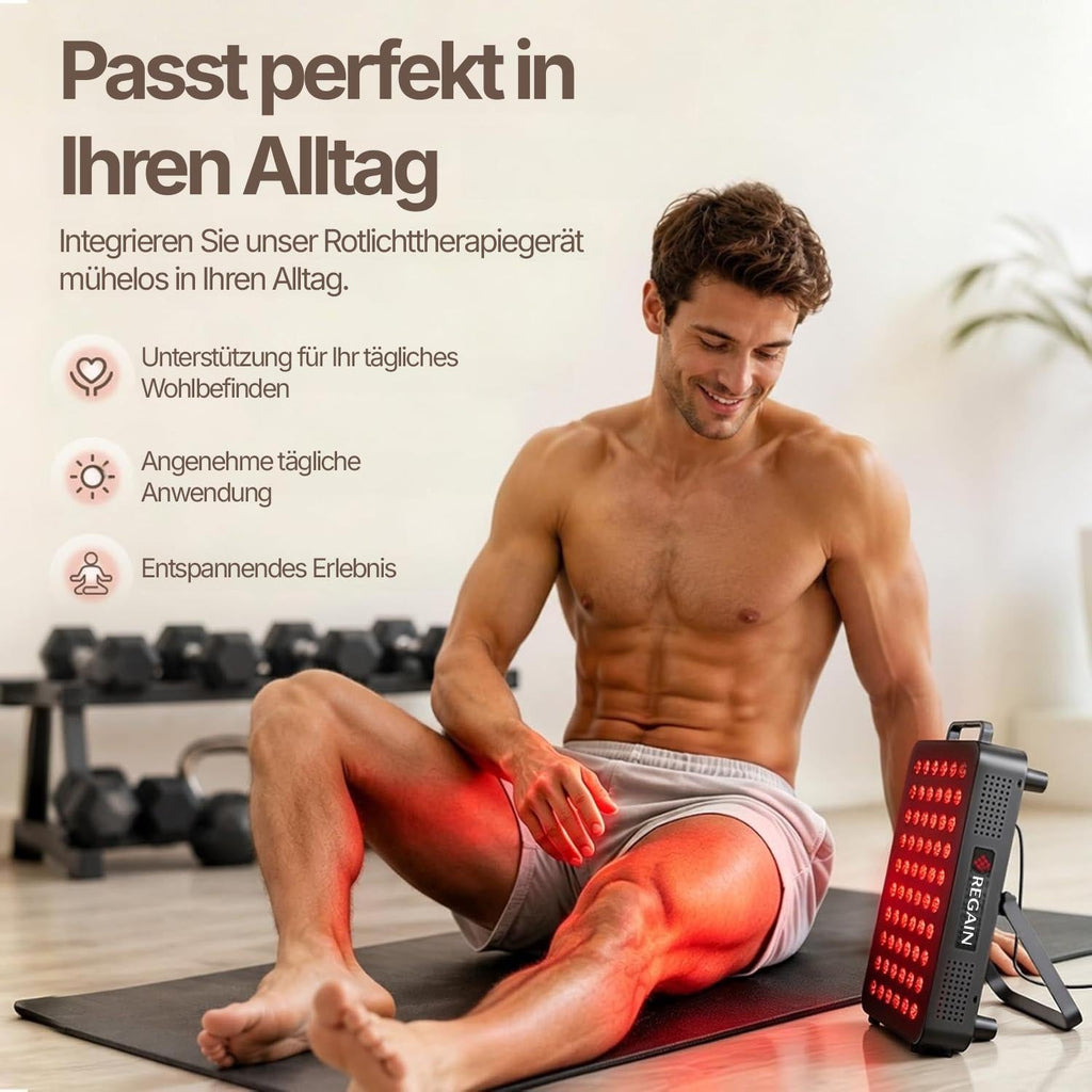 Man on a training mat using the REGAIN panel on his knee after a workout
