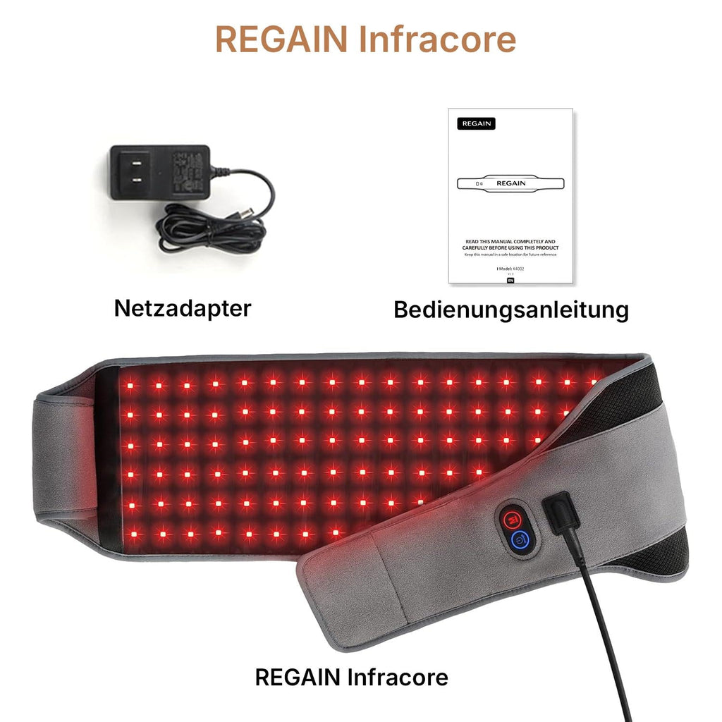 What's included with the Regain InfraCore red light belt: power adapter and instruction manual