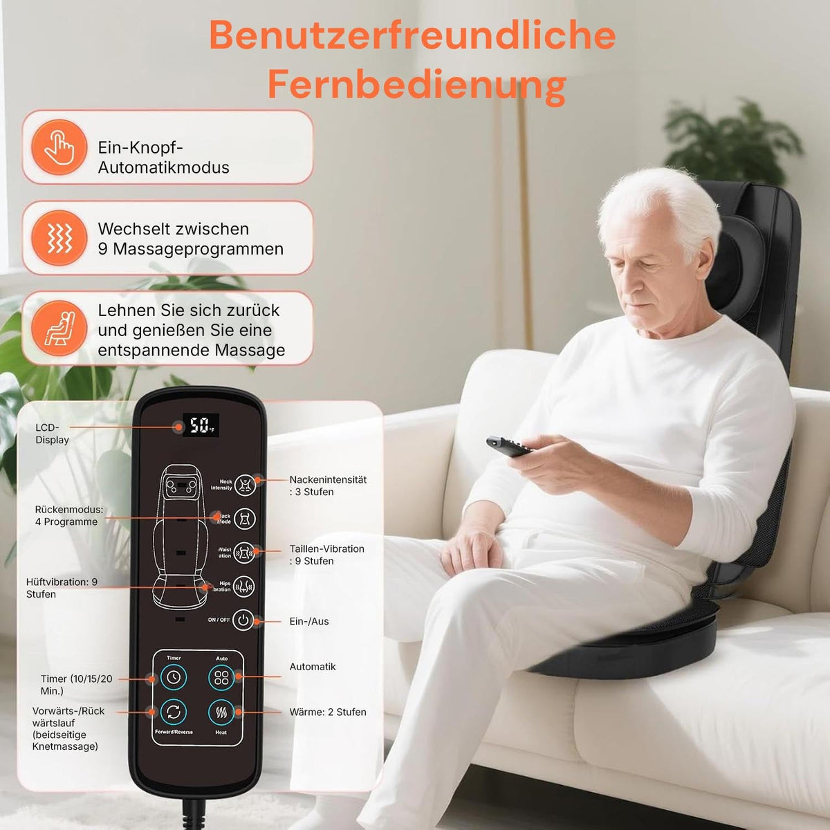 Man using the easy-to-use remote control of the Regain massage seat cushion