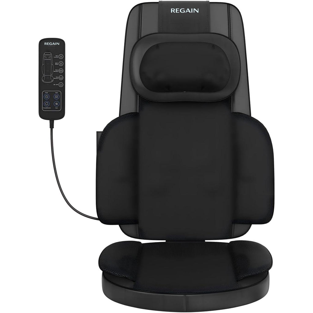 Regain massage seat cushion on a plain background with remote control, front view