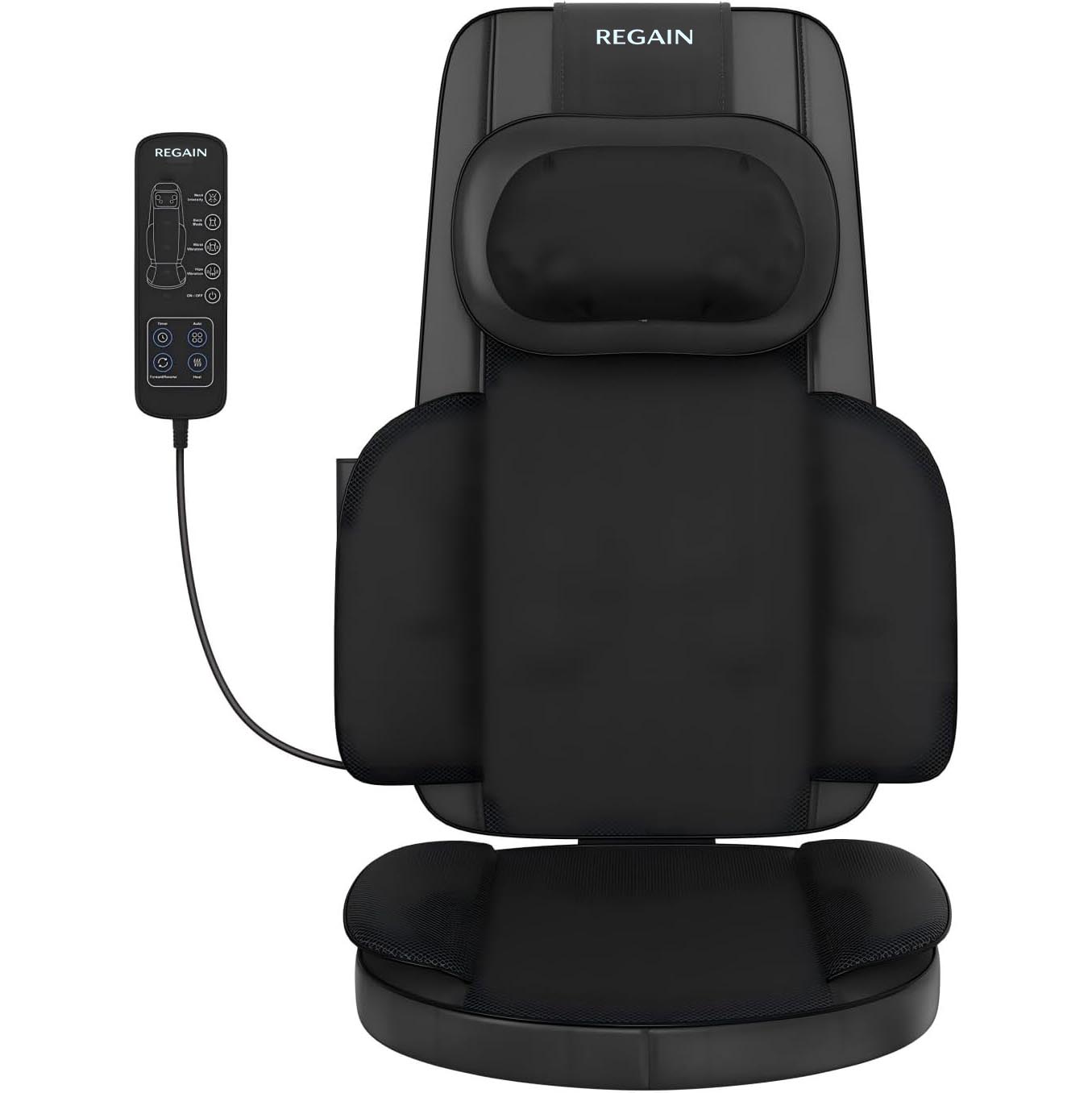 Regain massage seat cushion on a plain background with remote control, front view