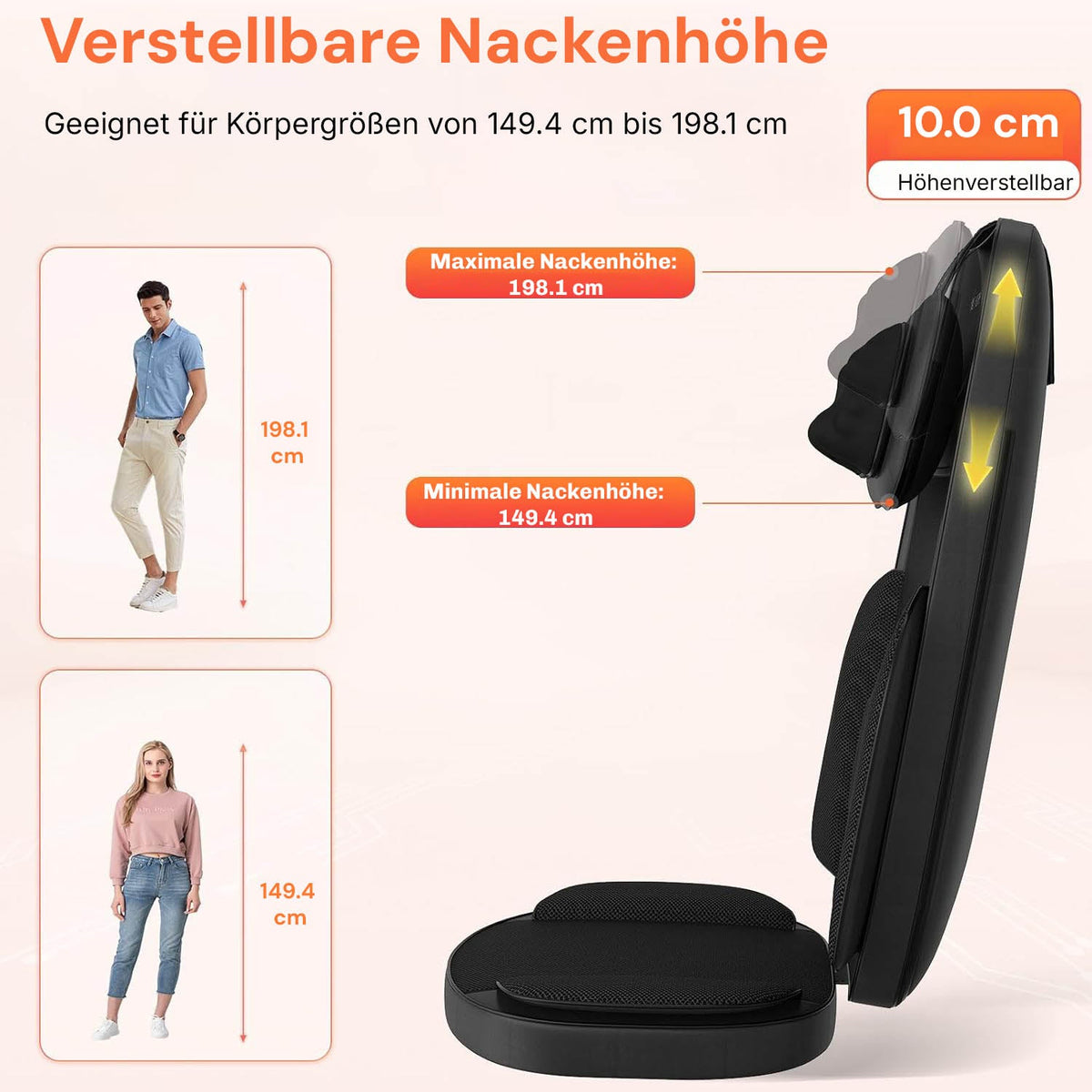 Regain massage seat cushion with adjustable neck height for different body sizes