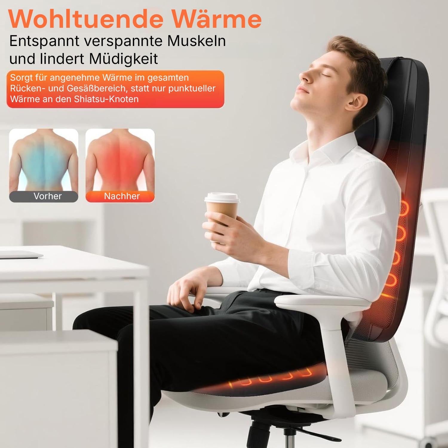 Regain massage seat cushion with soothing heat on an office chair, before-and-after comparison