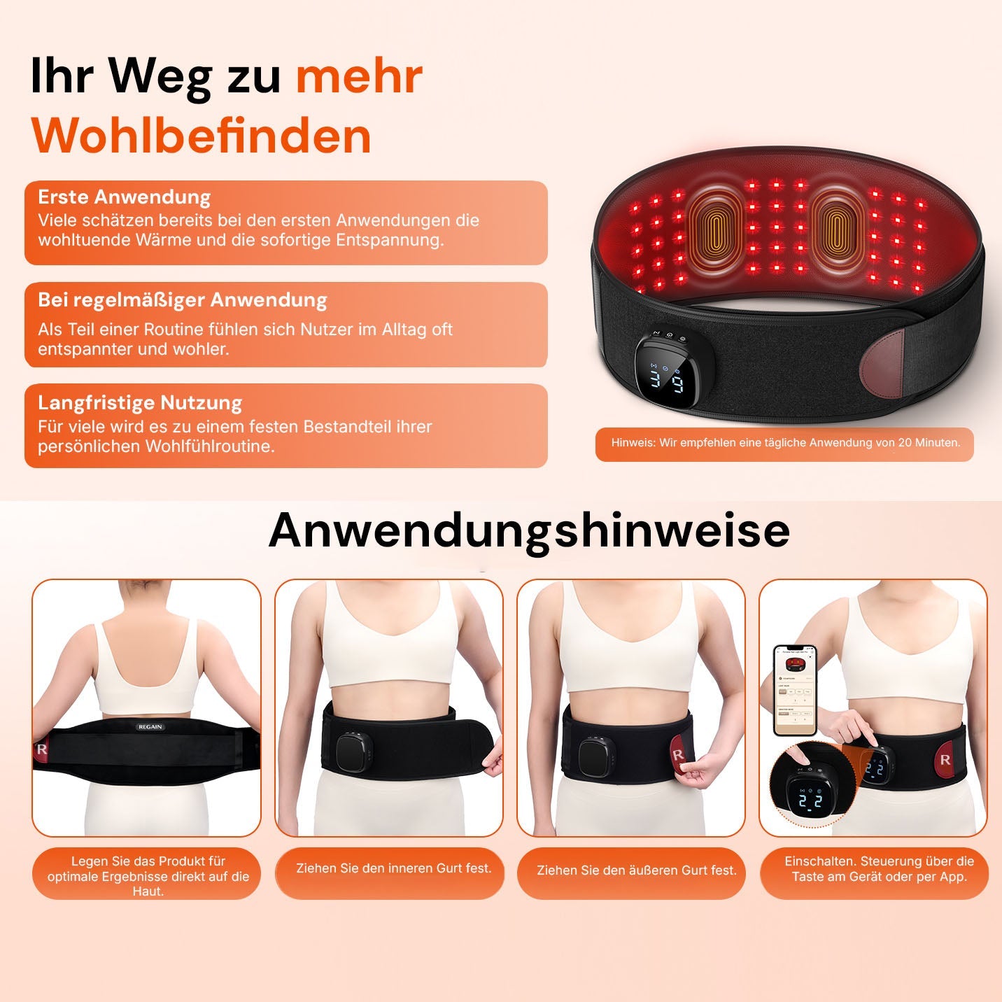 Usage instructions for the Regain massage belt: fasten the belt, tighten and switch on