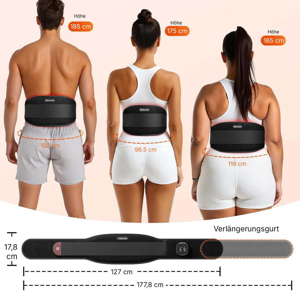 Regain massage belt with extension strap, fits different body sizes and waist measurements