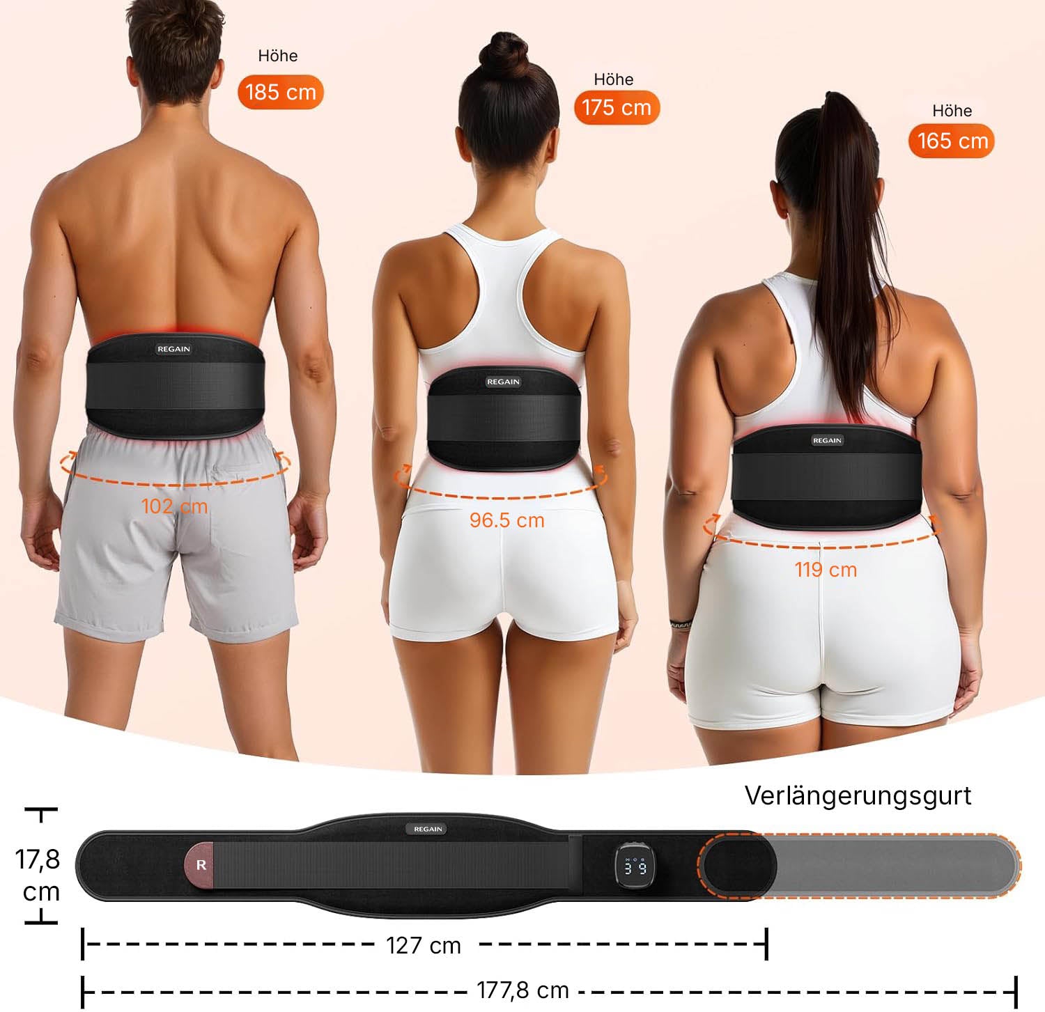 Regain massage belt with extension strap, fits different body sizes and waist measurements