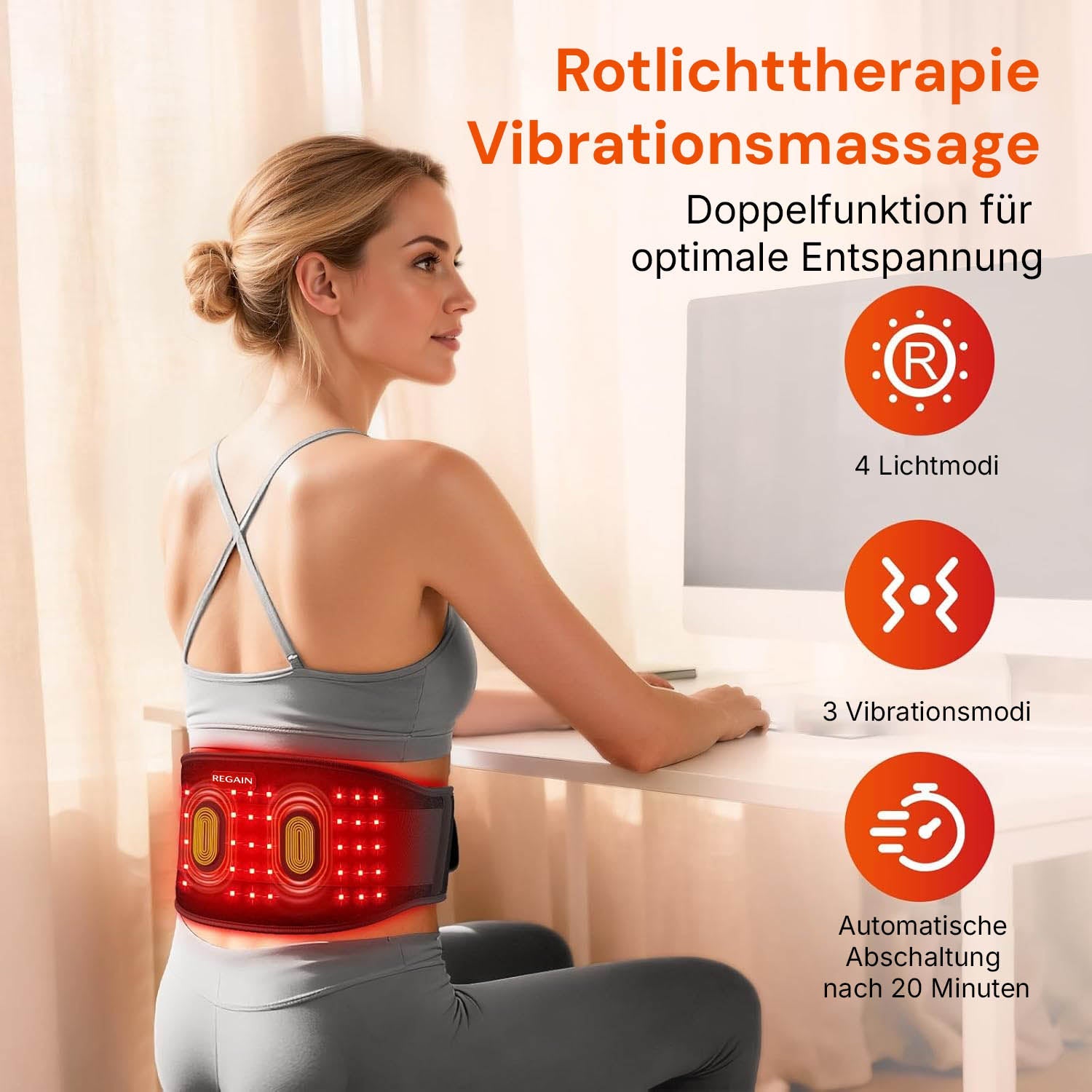 Regain massage belt combines red light therapy and vibration massage in use at the office