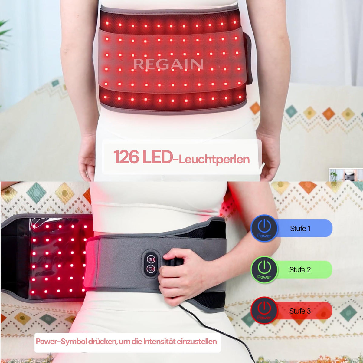 Regain red light stomach belt with 126 LED beads and 3 intensity levels