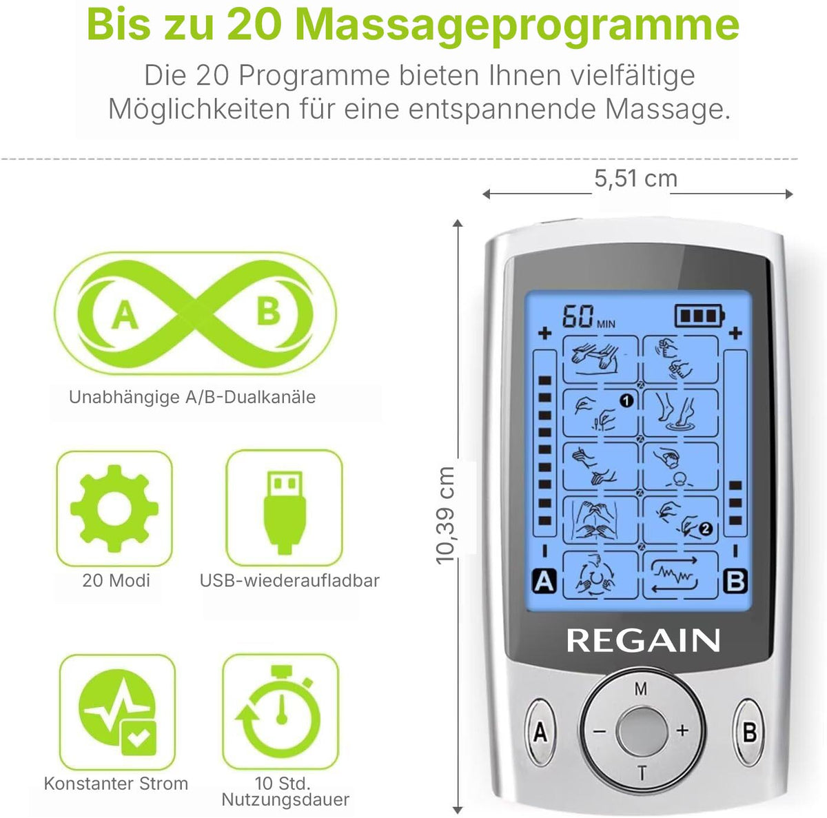 Display of the Regain TENS device with 20 massage programmes and dimensions