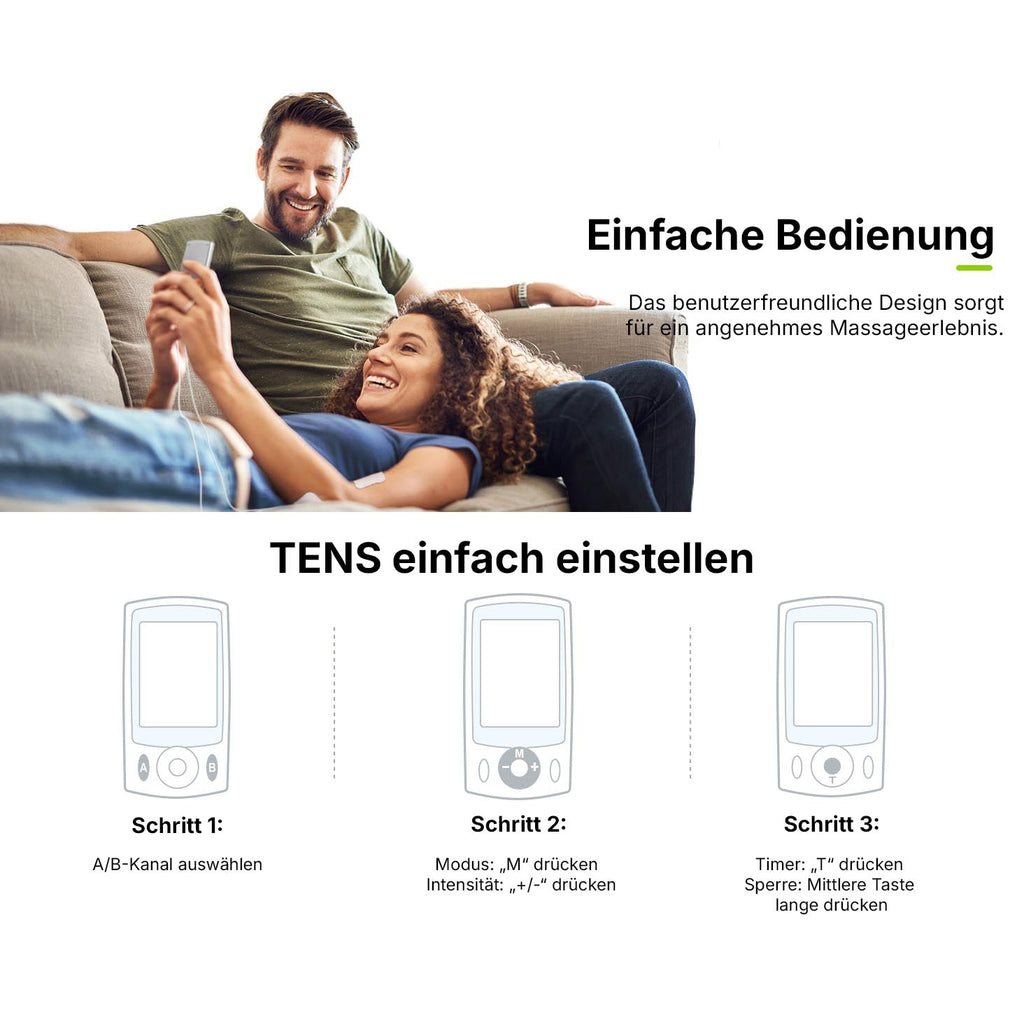 Couple relaxing on the sofa while using the Regain TENS device