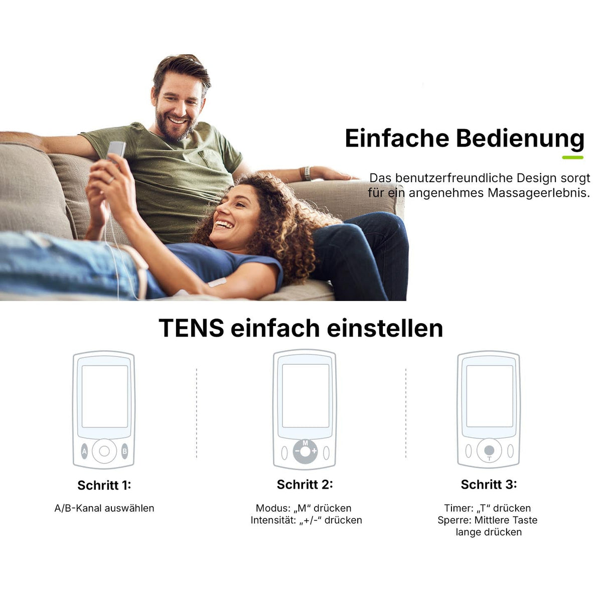 Couple relaxing on the sofa while using the Regain TENS device