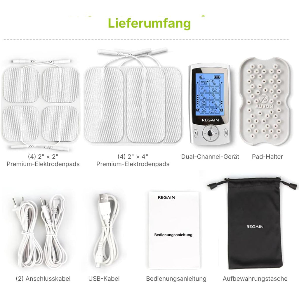 What's included with the Regain TENS EMS device: cables and instruction manual