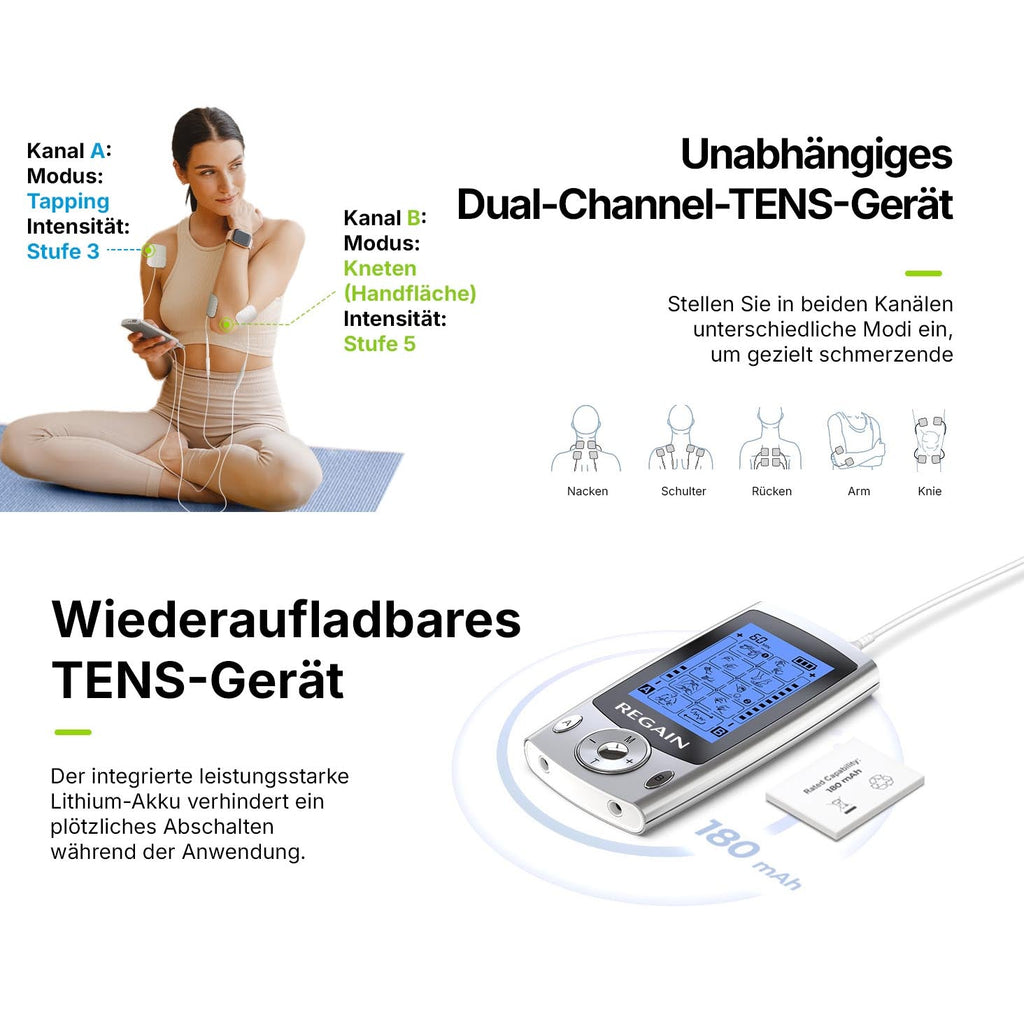 Regain TENS device in use on the neck, rechargeable with a lithium battery