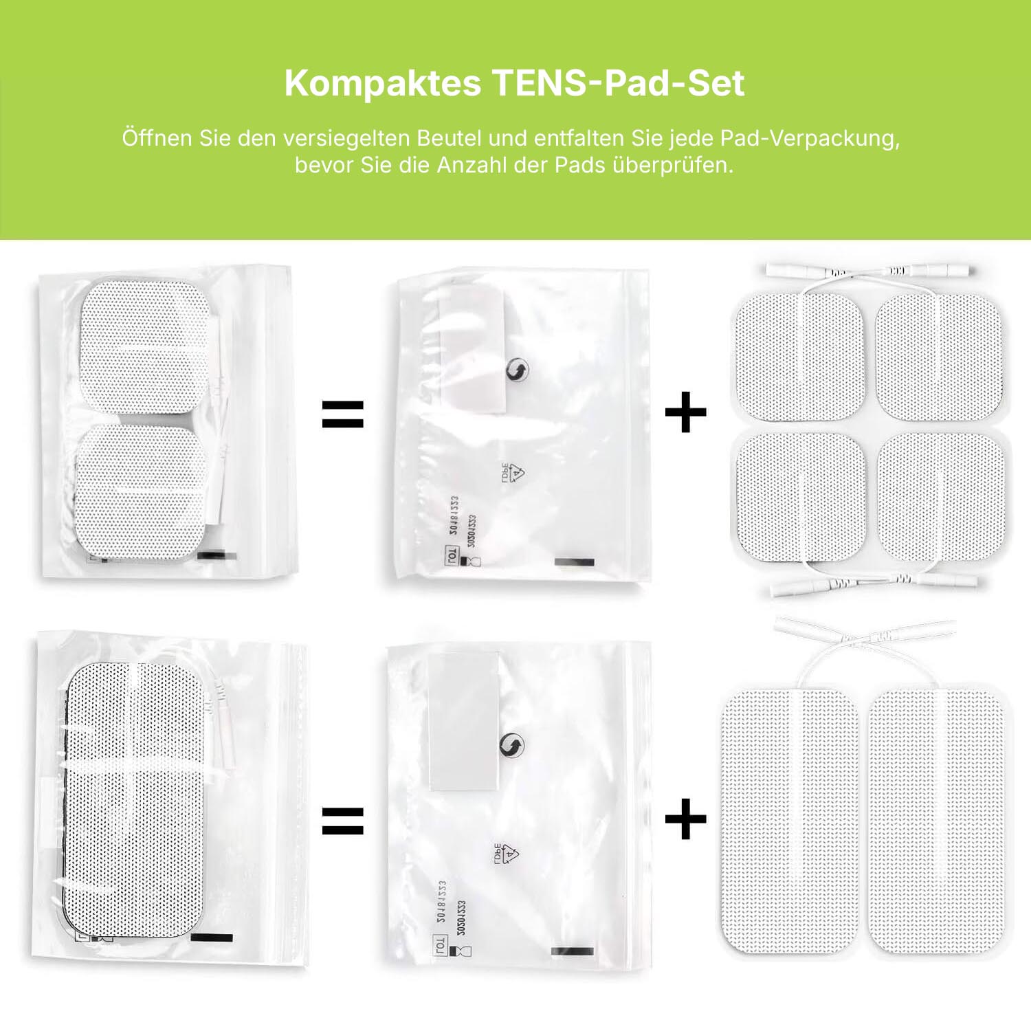Packaging instructions for the TENS pad set of the Regain TENS device